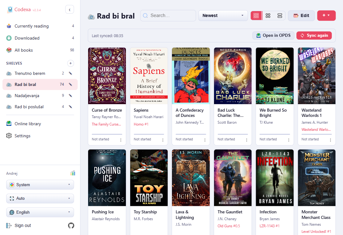 Codexa library view showing book covers in a grid